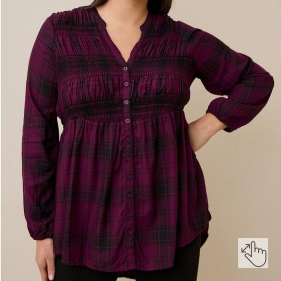 Torrid Rayon Twill smocked Button front tunic Size 1 Purple Plaid High Low Back - Picture 1 of 6
